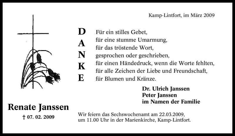  Traueranzeige für Renate Janssen vom 18.03.2009 aus Tageszeitung