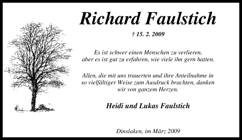  Traueranzeige für Richard Faulstich vom 28.03.2009 aus Tageszeitung