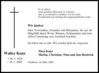 Traueranzeige von Walter Kunz von Tageszeitung