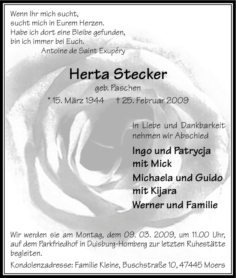  Traueranzeige für Herta Stecker vom 04.03.2009 aus Tageszeitung