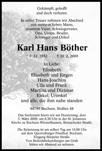 Traueranzeige von Karl Hans Böther von Tageszeitung