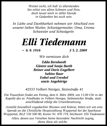 Traueranzeige von Elli Tiedemann von Tageszeitung