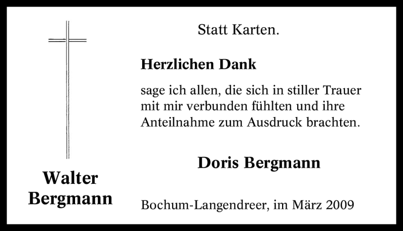  Traueranzeige für Walter Bergmann vom 03.03.2009 aus Tageszeitung