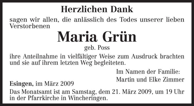  Traueranzeige für Maria Grün vom 18.03.2009 aus Tageszeitung