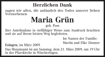 Traueranzeige von Maria Grün von Tageszeitung