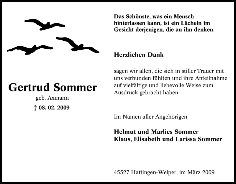  Traueranzeige für Gertrud Sommer vom 14.03.2009 aus Tageszeitung