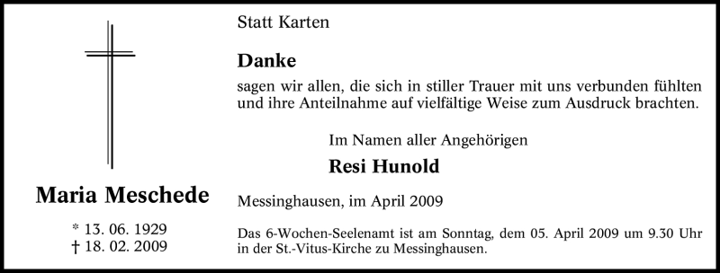  Traueranzeige für Maria Meschede vom 04.04.2009 aus Tageszeitung