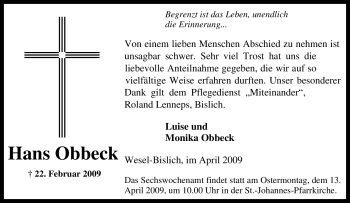 Traueranzeige von Hans Obbeck von Tageszeitung