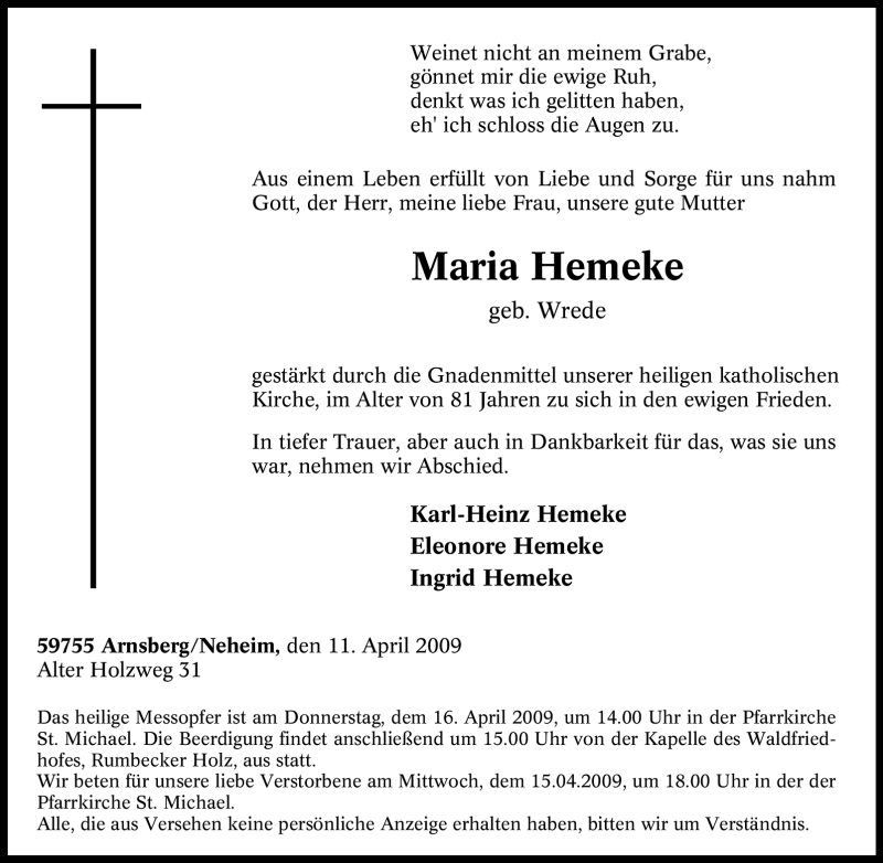  Traueranzeige für Maria Hemeke vom 14.04.2009 aus Tageszeitung