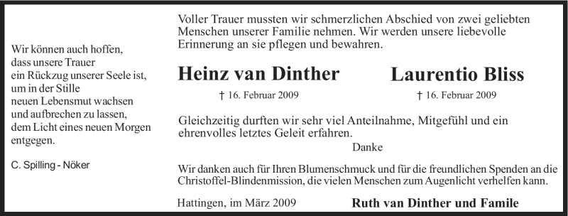  Traueranzeige für Haeinz van Dinther vom 01.04.2009 aus Tageszeitung