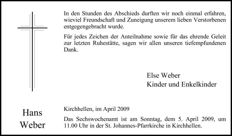  Traueranzeige für Hans Weber vom 01.04.2009 aus Tageszeitung