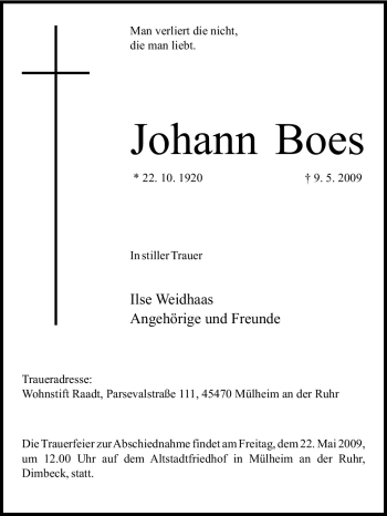 Traueranzeige von Johann Boes von Tageszeitung