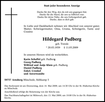 Traueranzeige von Hildegard Padberg von Tageszeitung