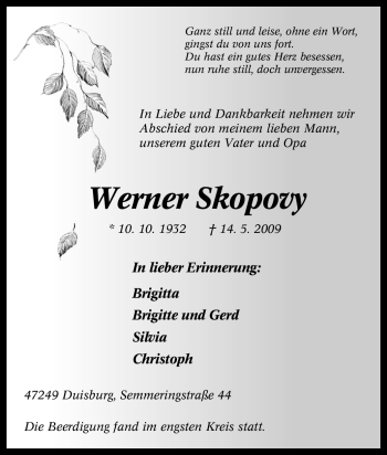 Traueranzeige von Werner Skopovy von Tageszeitung