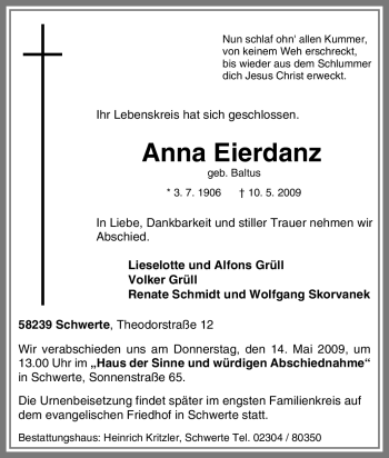 Traueranzeige von Anna Eierdanz von Tageszeitung