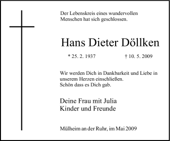Traueranzeige von Hans Dieter Döllken von Tageszeitung