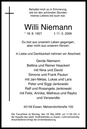 Traueranzeige von Willi Niemann von Tageszeitung
