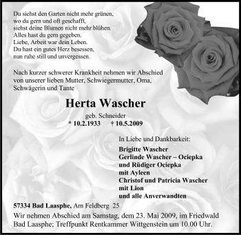 Traueranzeige von Herta Wascher von Tageszeitung