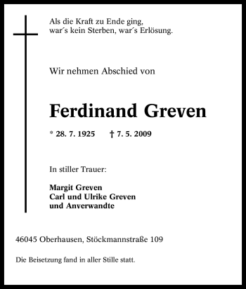 Traueranzeige von Ferdinand Greven von Tageszeitung