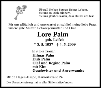 Traueranzeige von Lore Palm von Tageszeitung