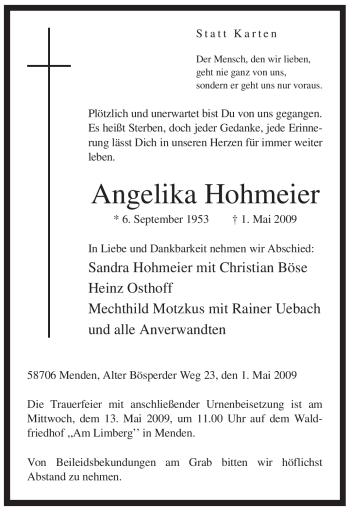 Traueranzeige von Angelika Hohmeier von Tageszeitung