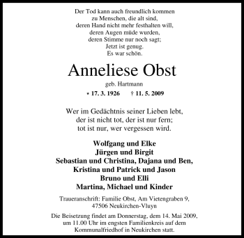 Traueranzeige von Anneliese Obst von Tageszeitung