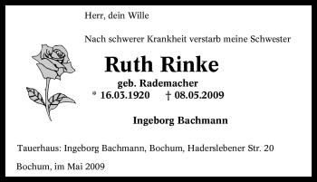 Traueranzeige von Ruth Rinke von Tageszeitung