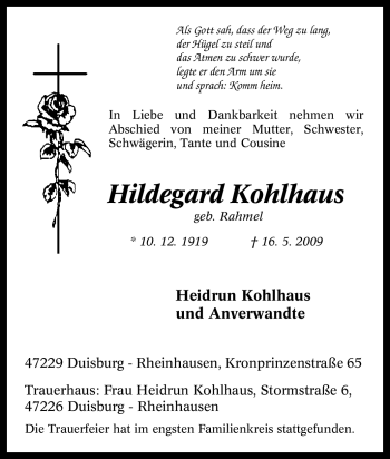 Traueranzeige von Hildegard Kohlhaus von Tageszeitung