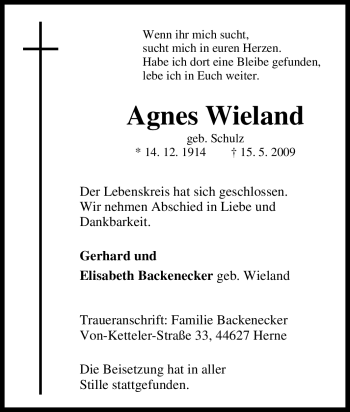 Traueranzeige von Agnes Wieland von Tageszeitung