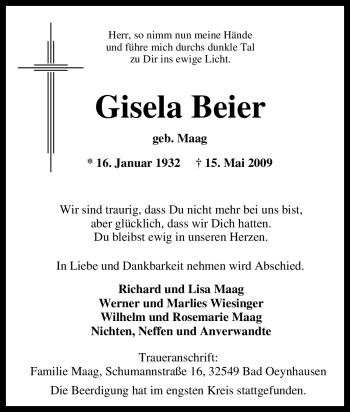 Traueranzeige von Gisela Beier von Tageszeitung