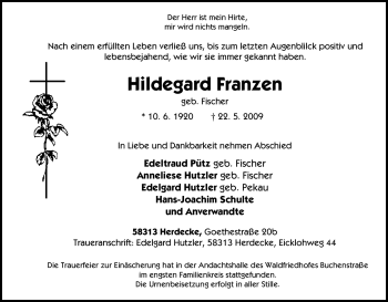 Traueranzeige von Hildegard Franzen von Tageszeitung