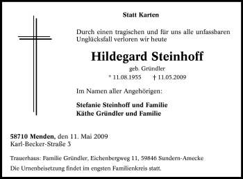 Traueranzeige von Hildegard Steinhoff von Tageszeitung