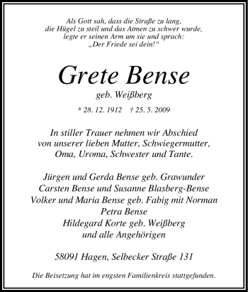 Traueranzeige von Grete Bense von Tageszeitung