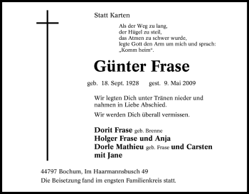 Traueranzeige von Günter Frase von Tageszeitung
