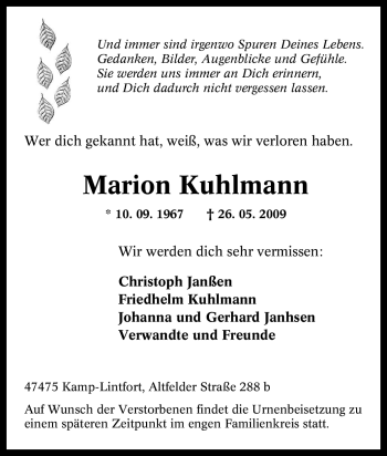 Traueranzeige von Marion Kuhlmann von Tageszeitung