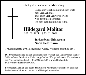 Traueranzeige von Hildegard Molitor von Tageszeitung