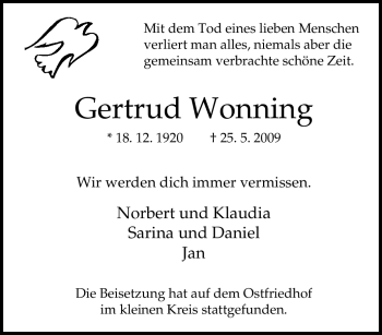 Traueranzeige von Gertrud Wonning von Tageszeitung