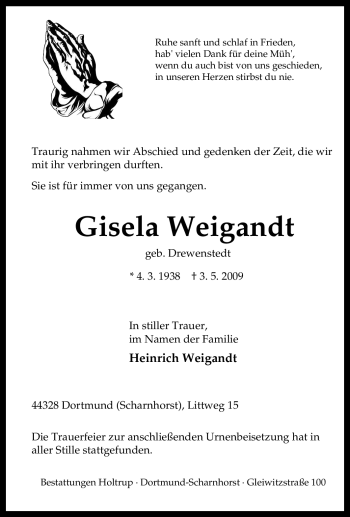 Traueranzeige von Gisela Weigandt von Tageszeitung