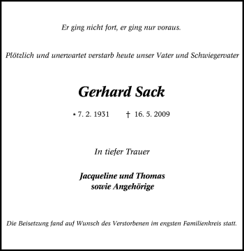 Traueranzeige von Gerhard Sack von Tageszeitung