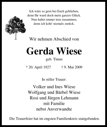 Traueranzeige von Gerda Wiese von Tageszeitung