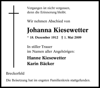Traueranzeige von Johanna Kiesewetter von Tageszeitung