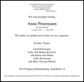 Traueranzeige von Anne Petermann von Tageszeitung