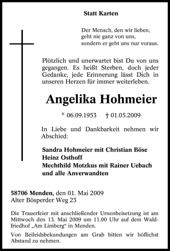 Traueranzeige von Angelika Hohmeier von Tageszeitung
