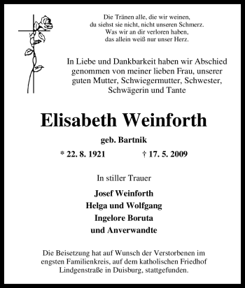 Traueranzeige von Elisabeth Weinforth von Tageszeitung