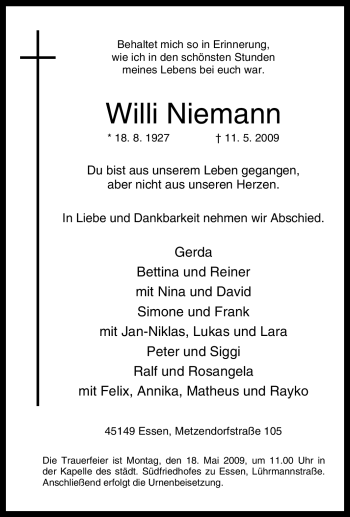 Traueranzeige von Willi Niemann von Tageszeitung