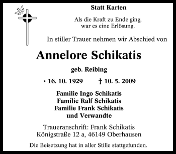 Traueranzeige von Annelore Schikatis von Tageszeitung