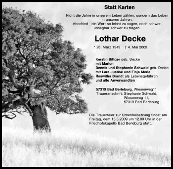 Traueranzeige von Lothar Decke von Tageszeitung