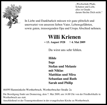 Traueranzeige von Willi Krienen von Tageszeitung