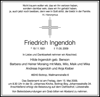 Traueranzeige von Friedrich Ingendoh von Tageszeitung