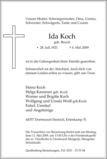 Traueranzeige von Ida Koch von Tageszeitung